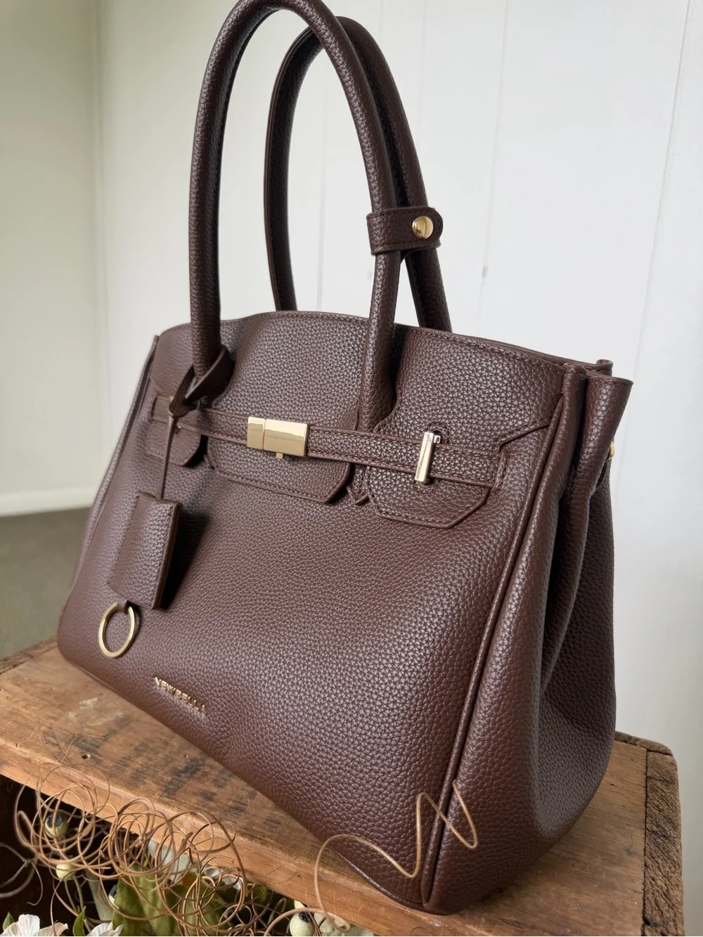 Newbella Brown Pebbled Leather Satchel with Gold Accents